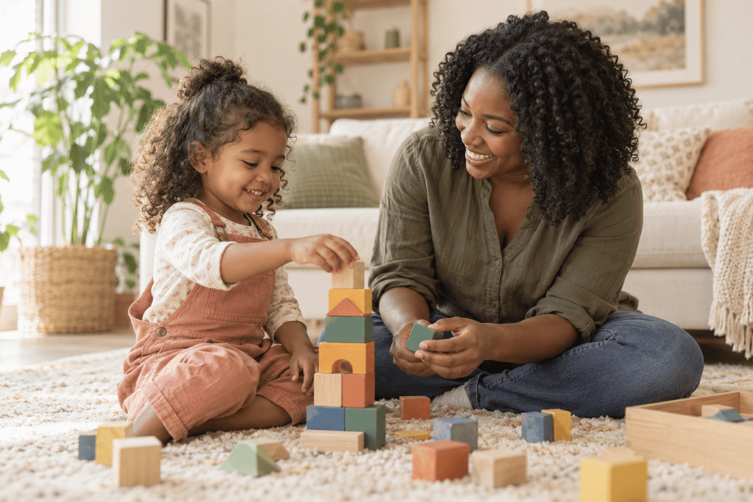 Illustrative AI-generated scene of an adult and child playing with wooden blocks at home